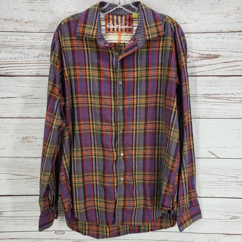 Robert Graham Purple Yellow Plaid Paisley Cotton Classic Fit Shirt Size Large